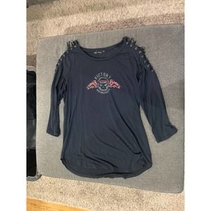 Victory Motorcycles USA Women's Black Lace Up Sleeve Shirt 3/4 Sleeve Size M